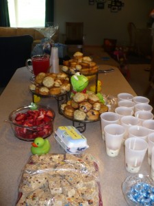 Muffins, Fruit, Parfaits, Egg casserole, Granola and Juice/punch.